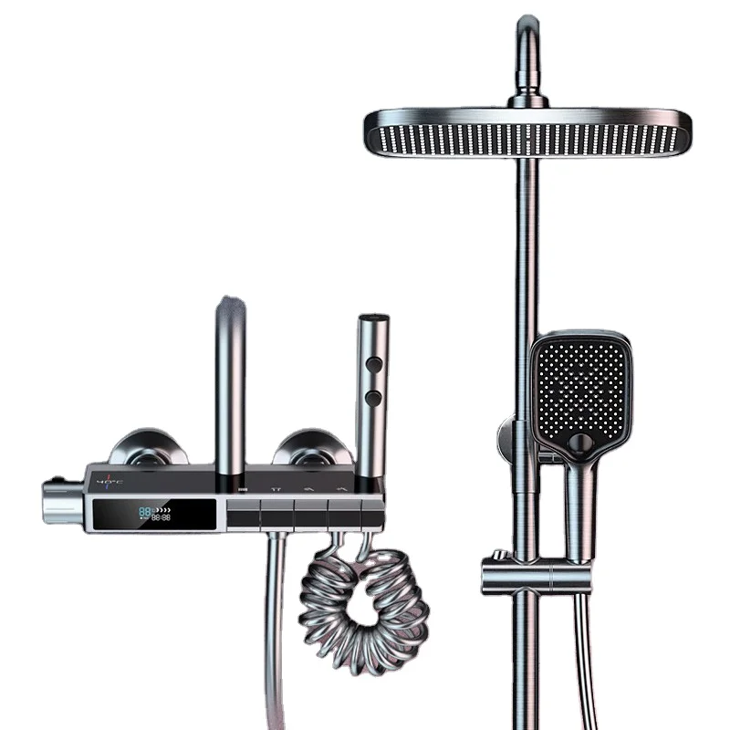 ROVATE Newly Design modern shower set wall mounted Brass Kits Dark Grey Bathroom Shower Set Piano Push Button Press Bath Faucet