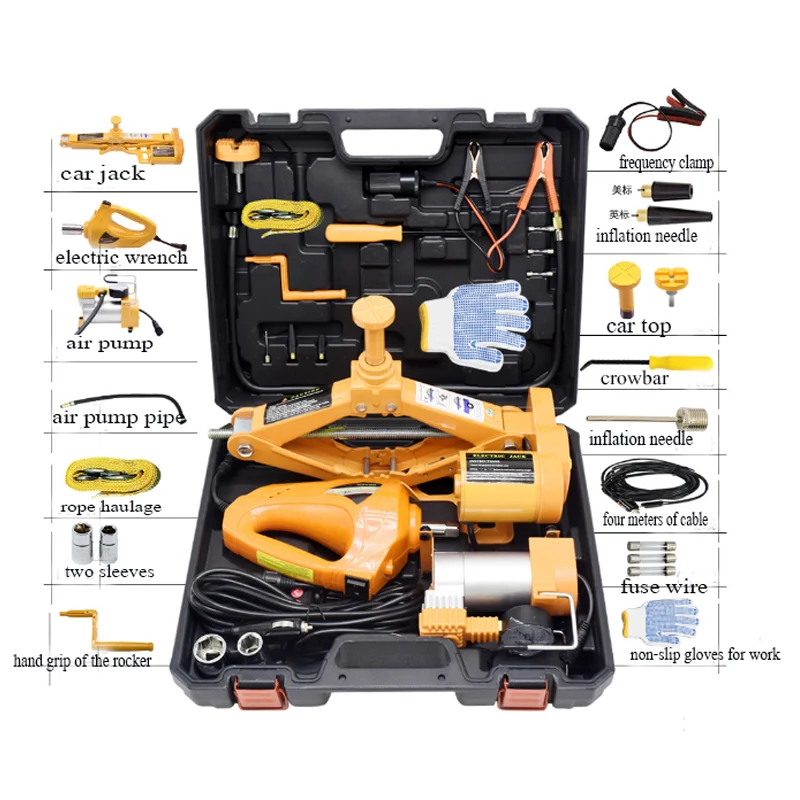 Fostar CE ISO Certificated  3in1 Portable 12V 3T Electric Screw Scissor Car Jack and Electric Wrench and Air Pump Set For Sale