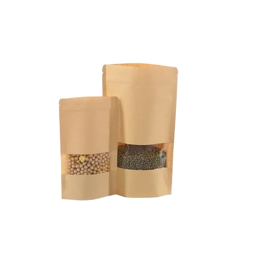 Customized Kraft Paper Bag With Clear Window Factory Supply Brown paper standing zipper bag