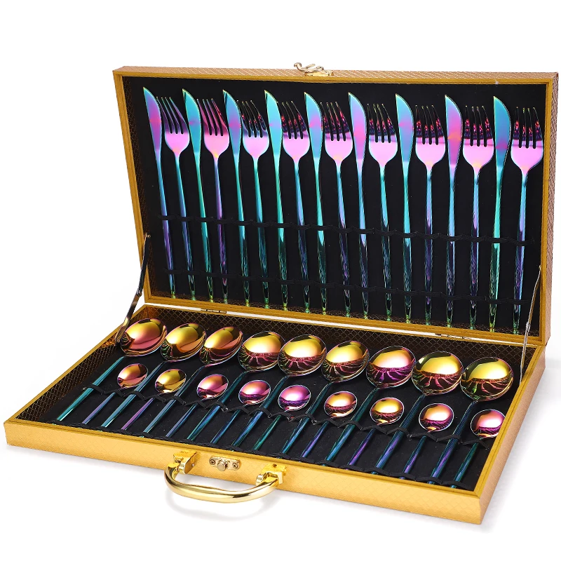 Wooden Box Spoon Fork Knife Besteck 36pcs Stainless Steel Flatware Cutlery Set