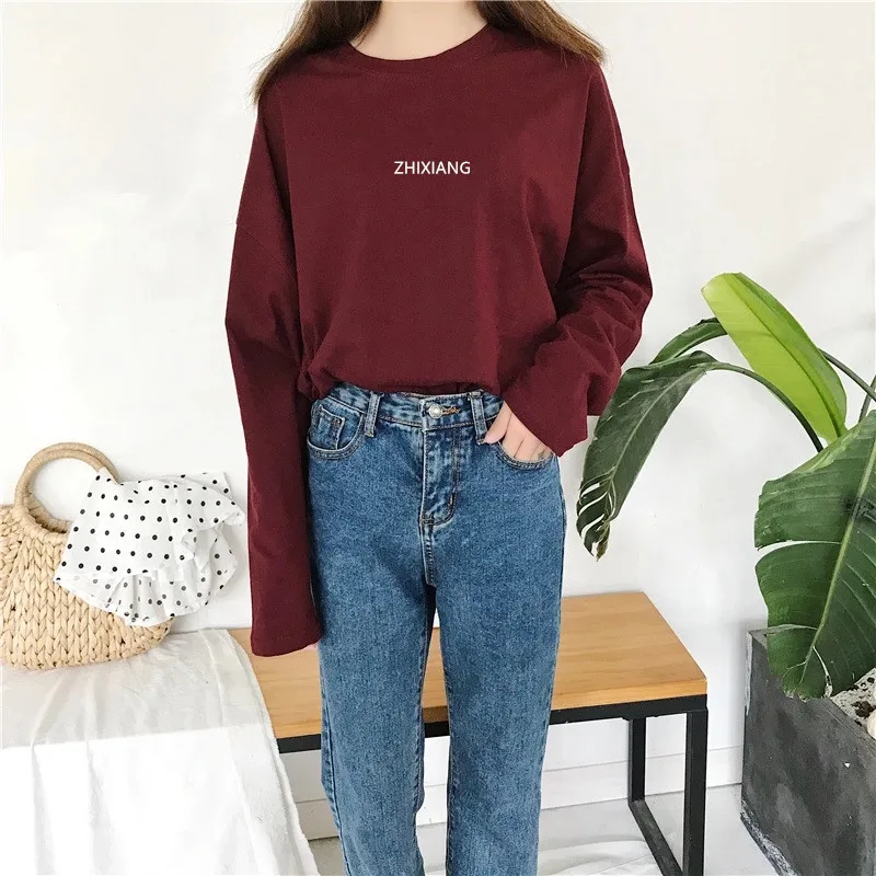 print cotton long sleeve loose high quality fashion t shirt tshirt oversize white t shirt free size for spring clothes women