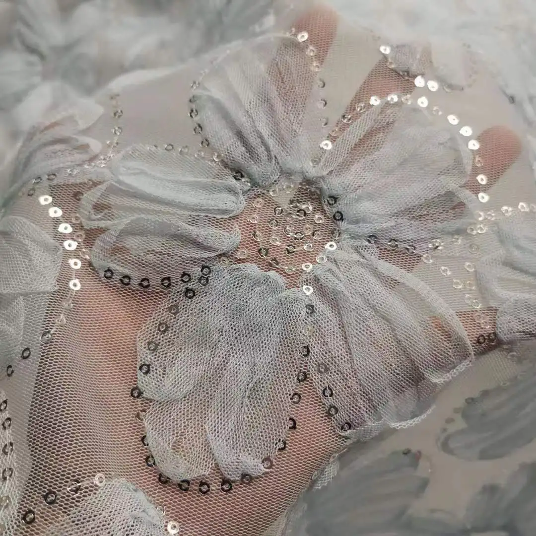Hot selling multi-color mesh 3 d sunflower hook embroidery sequin wedding dress fabric MF116