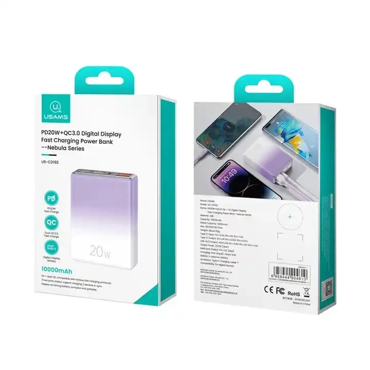 USAMS CD192 PD20W+QC3.0 Mobile Phone Quick Charger Digital Display Fast Charging Power Bank