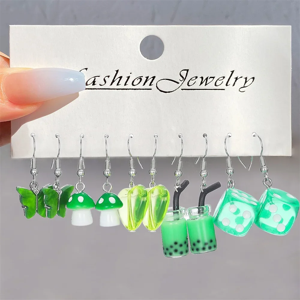 Cute Colorful  Animal Acrylic hoop Earrings Set For Women Jewelry Cartoon Geometric Butterfly Bear Love Drop Earring Set