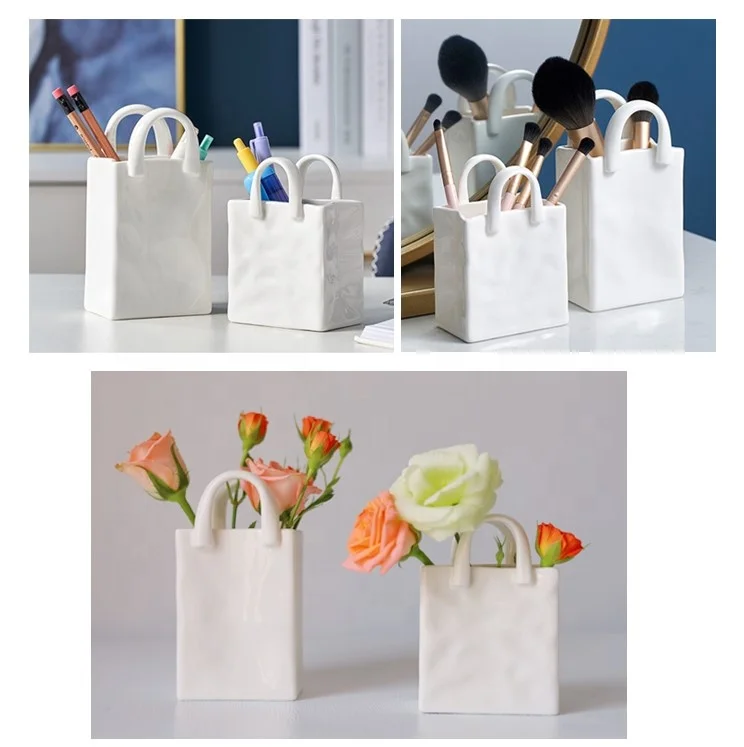 Cute Multi-use Small Stationery Storage Tabletop Mini White Porcelain & Ceramic Handbag Vase