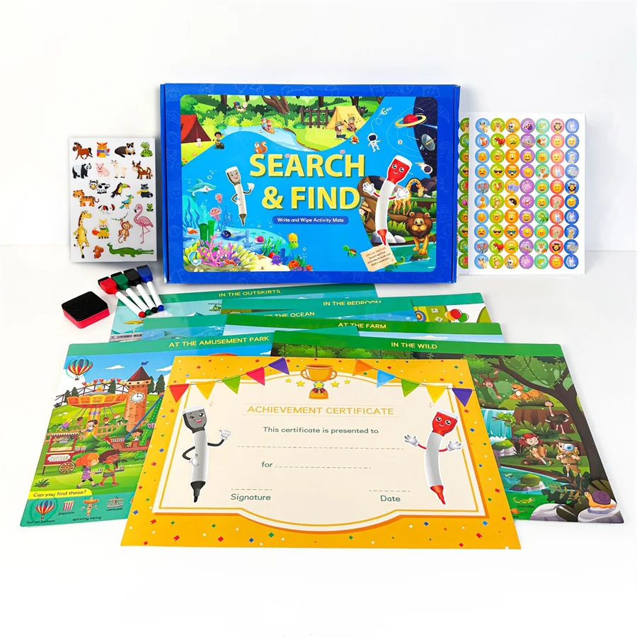 New 12 scenes Search And Find Book Reusable Write And Wipe Activity Mats Busy Book for Boys Girls