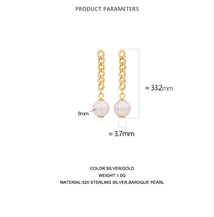 Female Trend Baroque Freshwater Real Pearl Long Chain Earrings 925 Sterling Silver 18K Gold Plated For