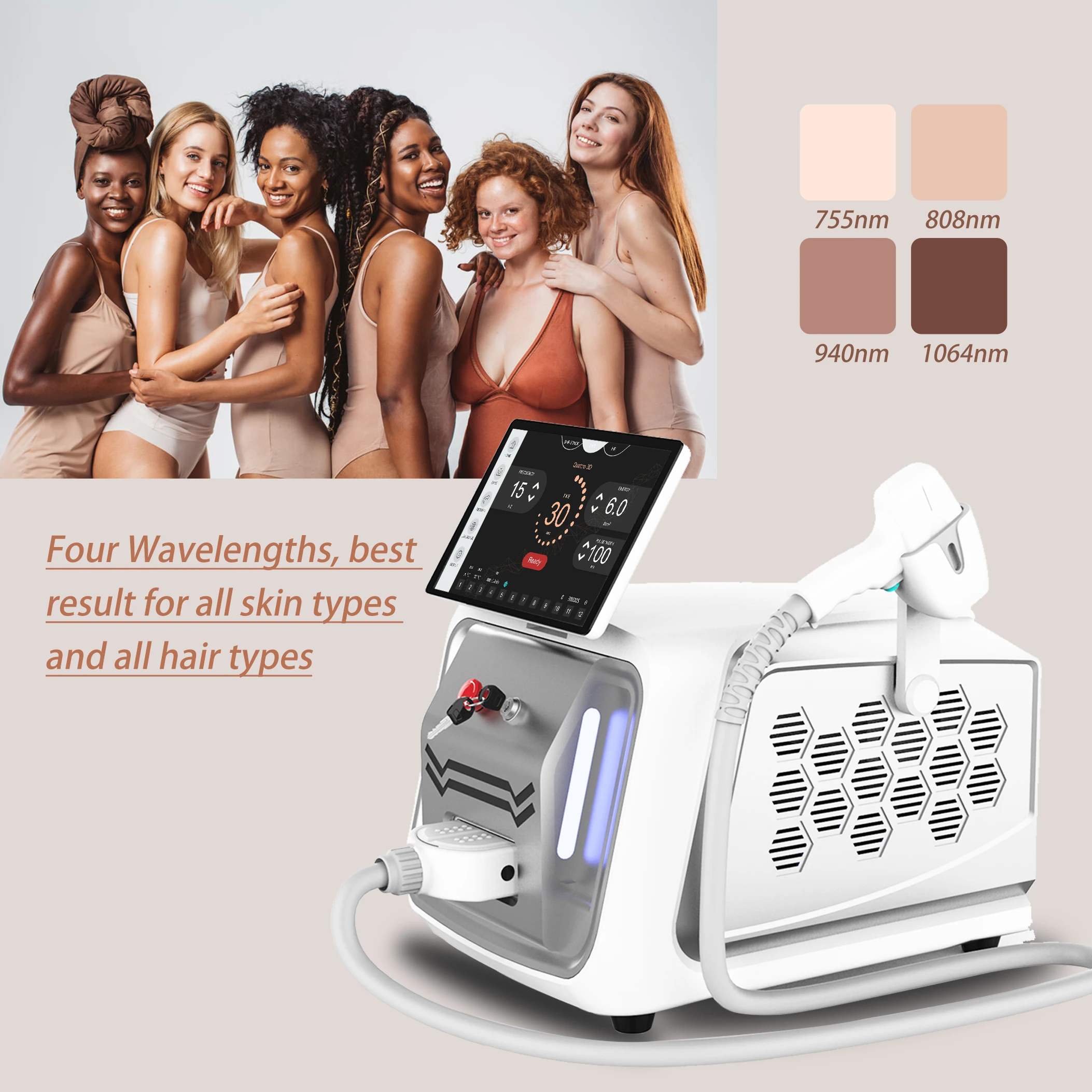 KMLASER 4k screen 600-2000W adjustable heads diode Laser Permanent Ice Painless Hair Removal diode 4 waves machine