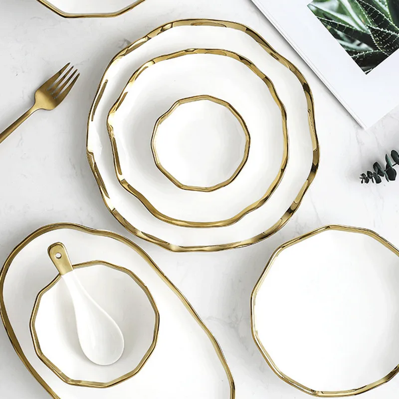nordic luxury simple creative irregular rice bowl household gold rim dinnerware set restaurant