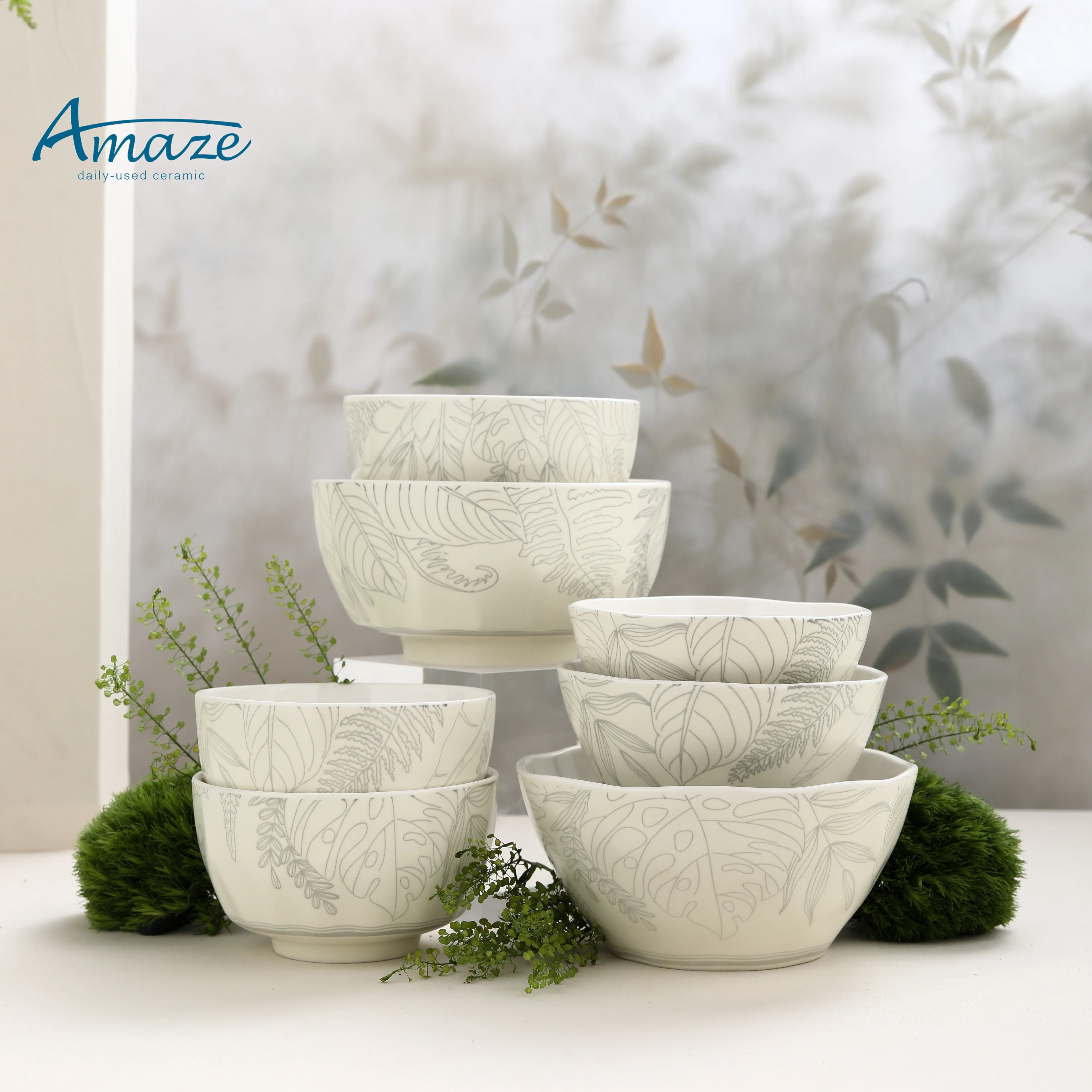 Multiple size custom logo serving food bowl sets hand made personalized decal rice soup ceramic bowl