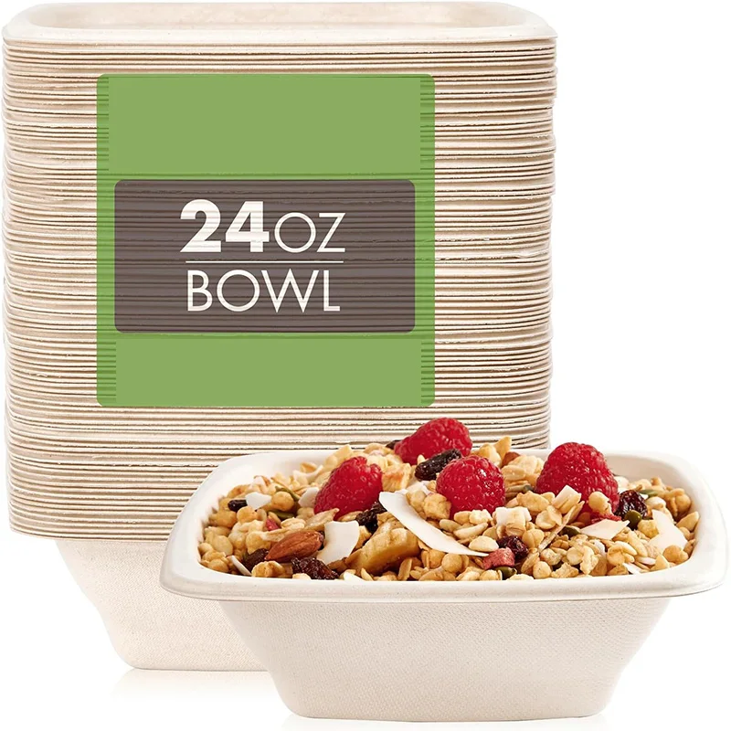 Heavy-duty 16 oz 24 OZ 32oz 42oz Square Disposable biodegradable sugarcane Bagasse paper pulp Bowls for Milk Cereals Salads