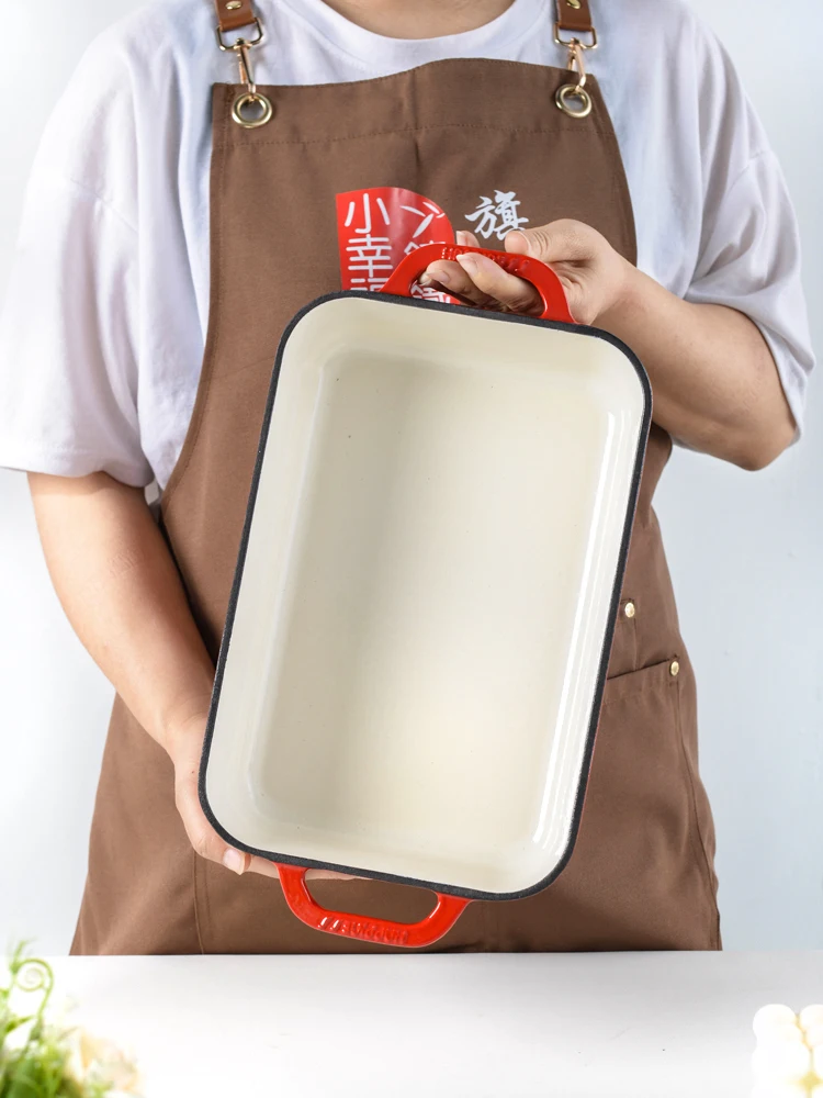 Cast Iron Frying Pan Rectangle Red Enamel Pan 20*30cm Enamel Pot With Double Ears for Gas Stove and Induction Cooker