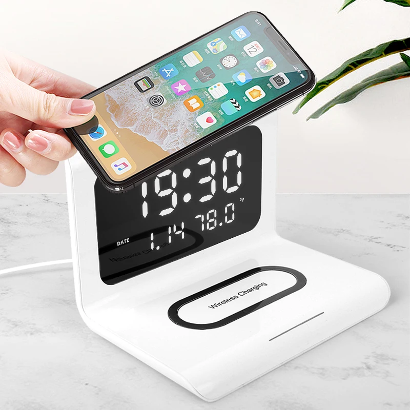 digital LED alarm clock with wireless phone charging table clock promotional gift logo custom new design desktop clock