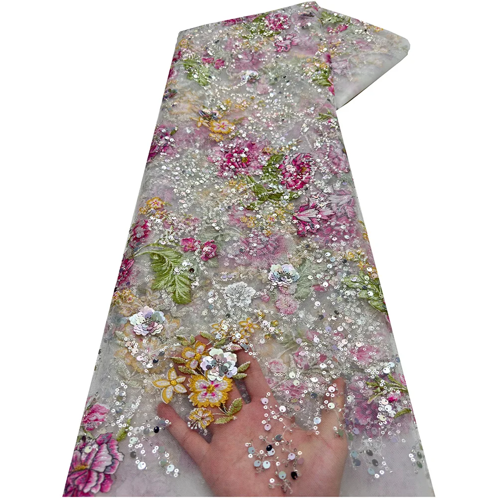 100% Polyester fabric Tejidos bordados colorful sequin 3d Embroidery lace Nigerian Lace Fabric for wedding Dress