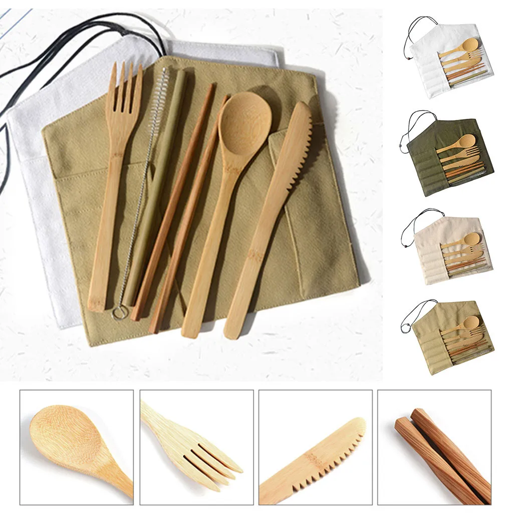 
Reusable natural and eco-friendly 7 pcs Caring Planet Bamboo Cutlery set to-go flatware set with portable case 