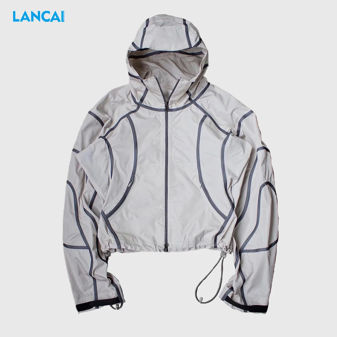 New Design Custom Water-proof Nylon Windbreaker Jacket with Stripes and Adjustable Hem Hidden Zipper Side Pockets