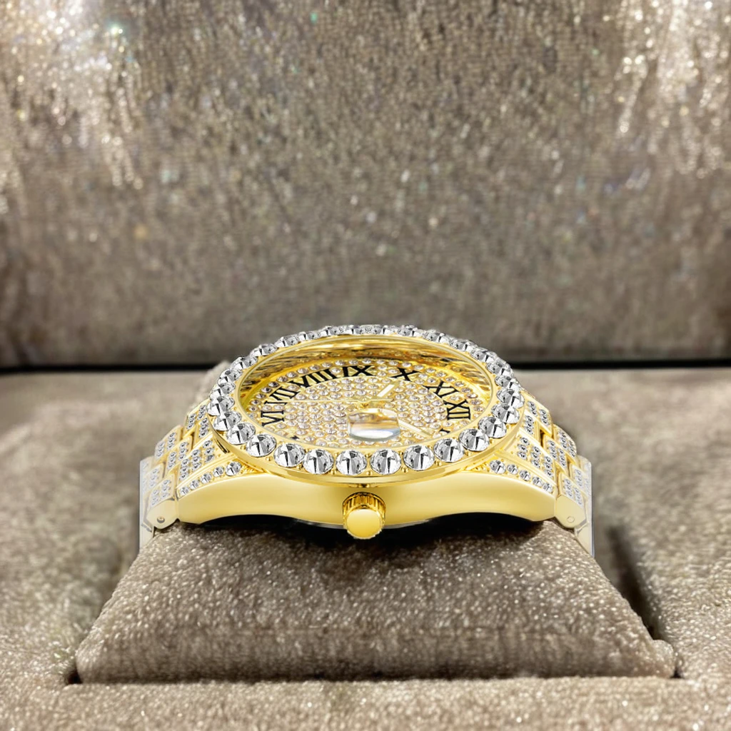 18K Real Gold IPS Nano Vacuum Plated Ladies Watch Full Crystal Diamond 36mm Analog 9mm Case Thickness Quartz Steel Buckle Luxury