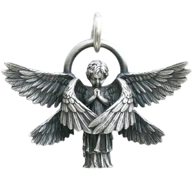 Silver oxide Retro Creative Guardian Cherub Wings Angel Prayer Boy Pendant  Plated Stainless Steel Mens Necklace  Jewelry
