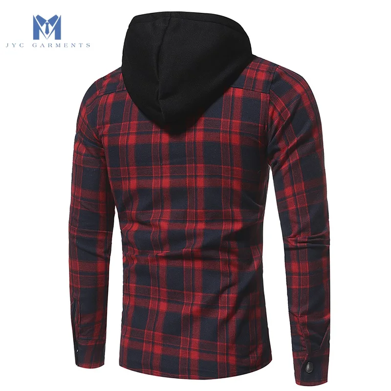 
2020 new style flannel big check double pocket long sleeve hooded flannel shirt 
