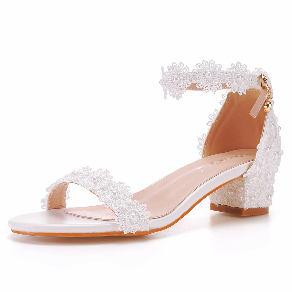 Shiny fancy beaded wedding shoes pointed toe buckle strap high heels shoes for women dating party square head heeled sandals
