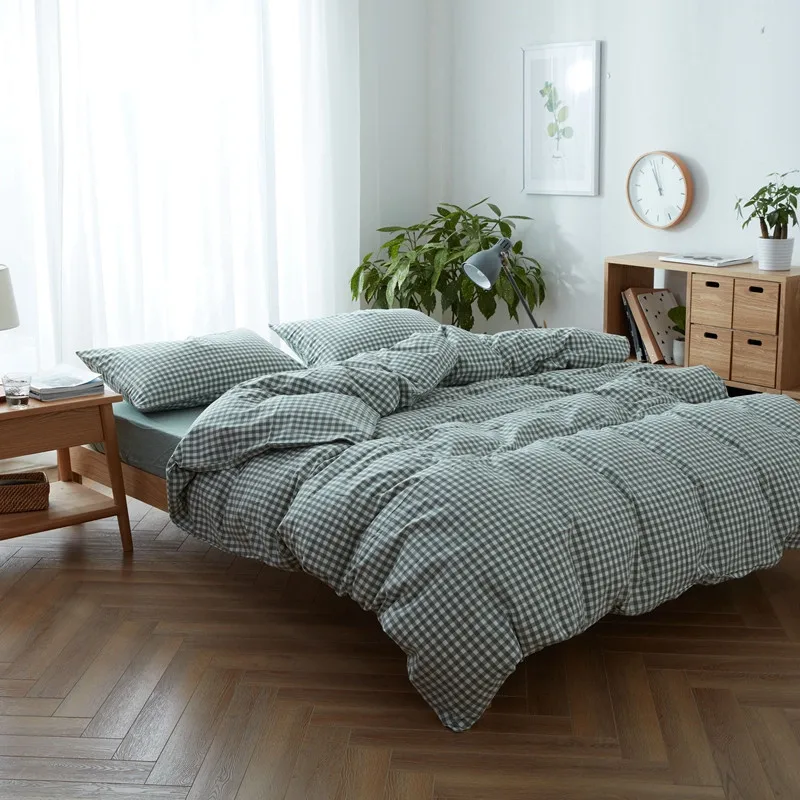 Queen Size 4 Pieces Plaid Yarn Dyed 100% Washed Cotton Bedroom Comforter Cover Set Bedding Set