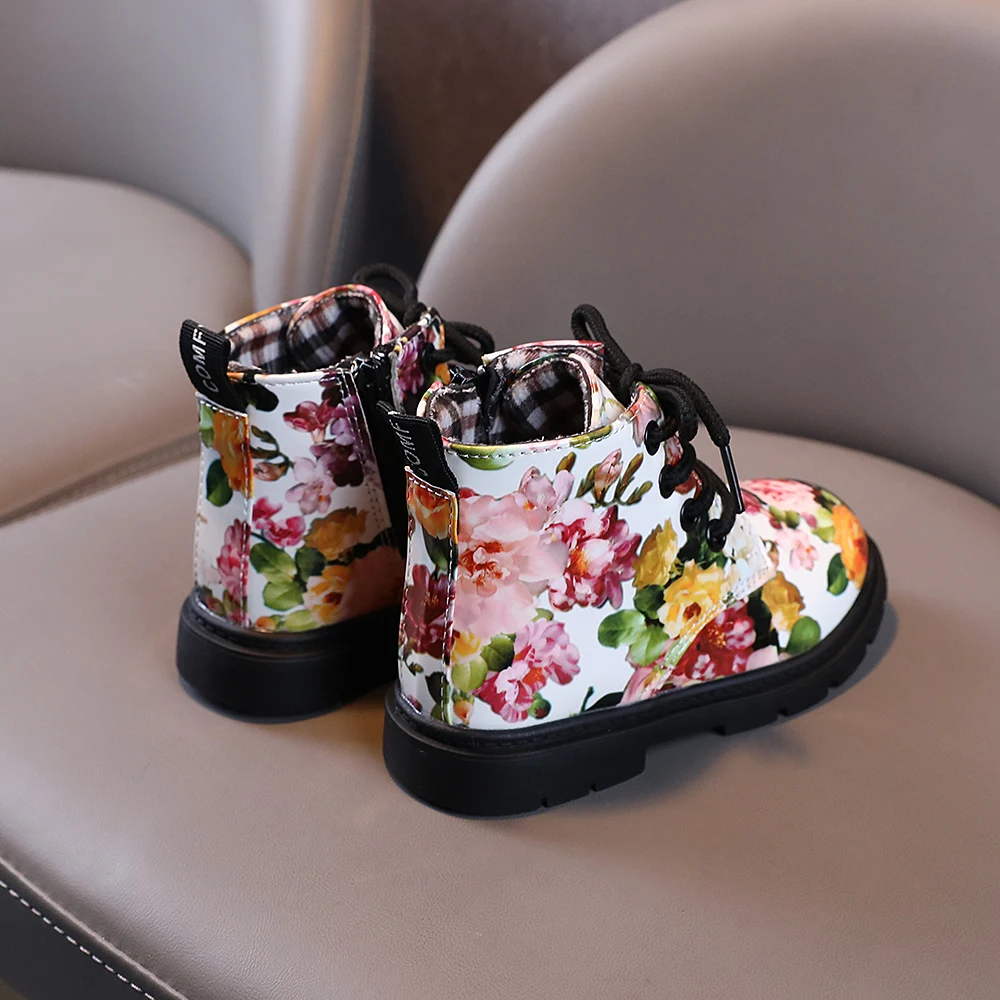 
Hot Sale Winter New Fashionable Style Flower Printed Leather Kids Boots 