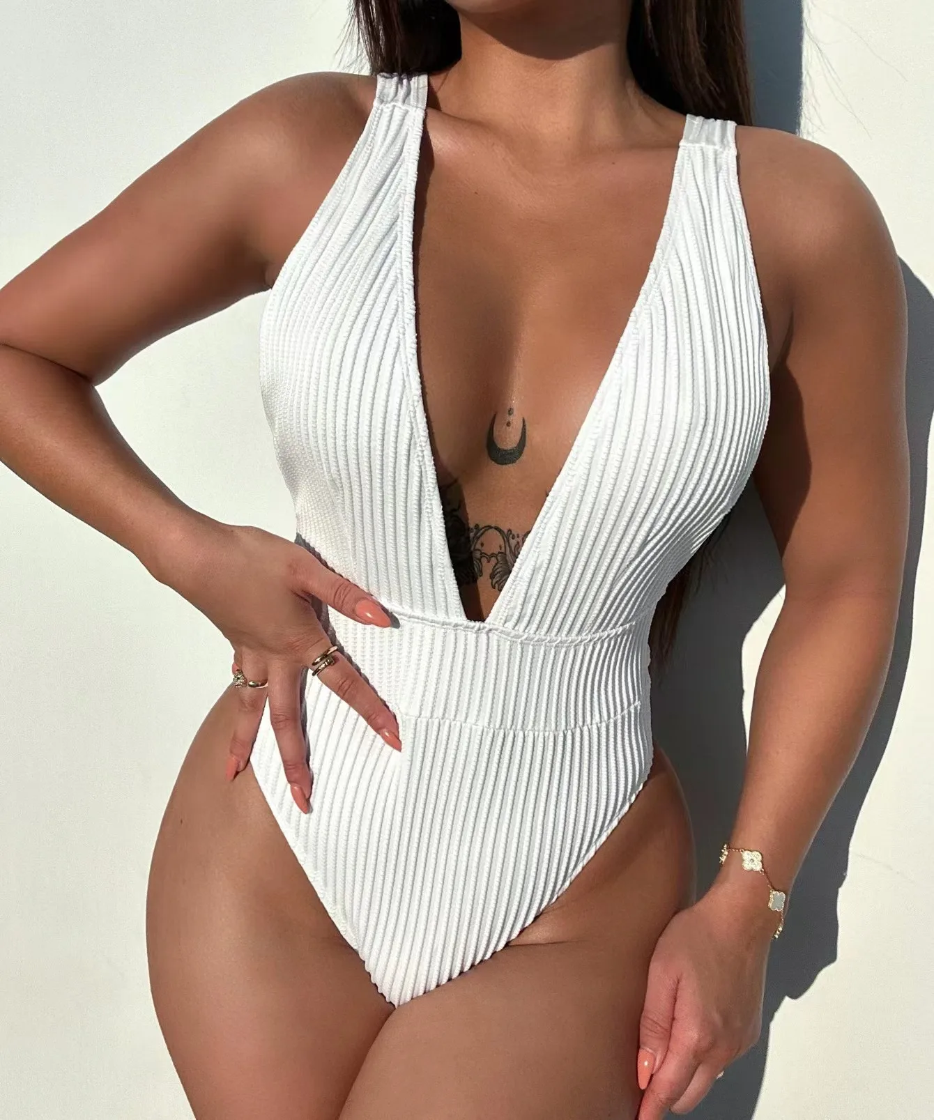 deep v latex plain ribbed swimwear women new hot mature one piece swimsuit
