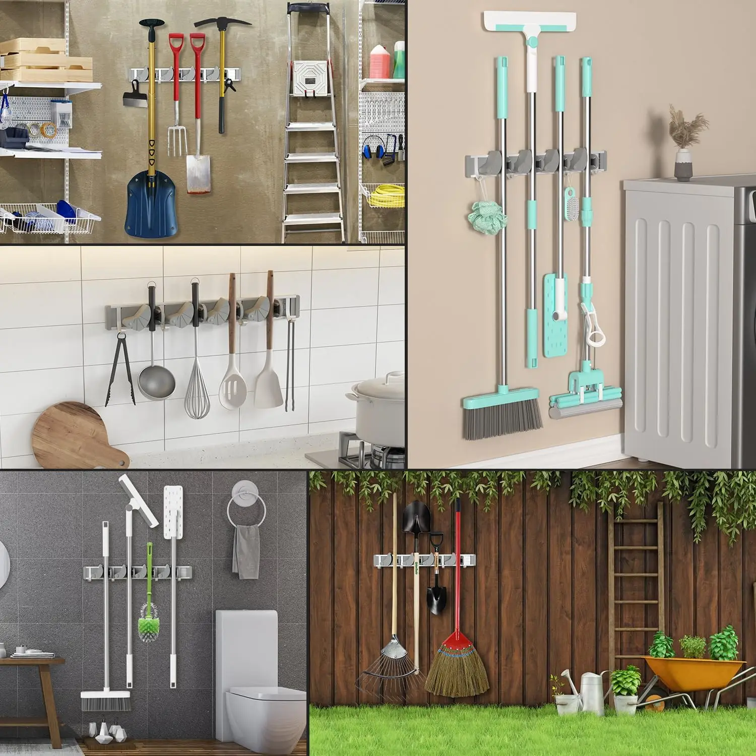Mop Broom Holder Wall Mount Metal Organization and Storage Garden Kitchen Tool Organizer Wall Hanger for Home Goods