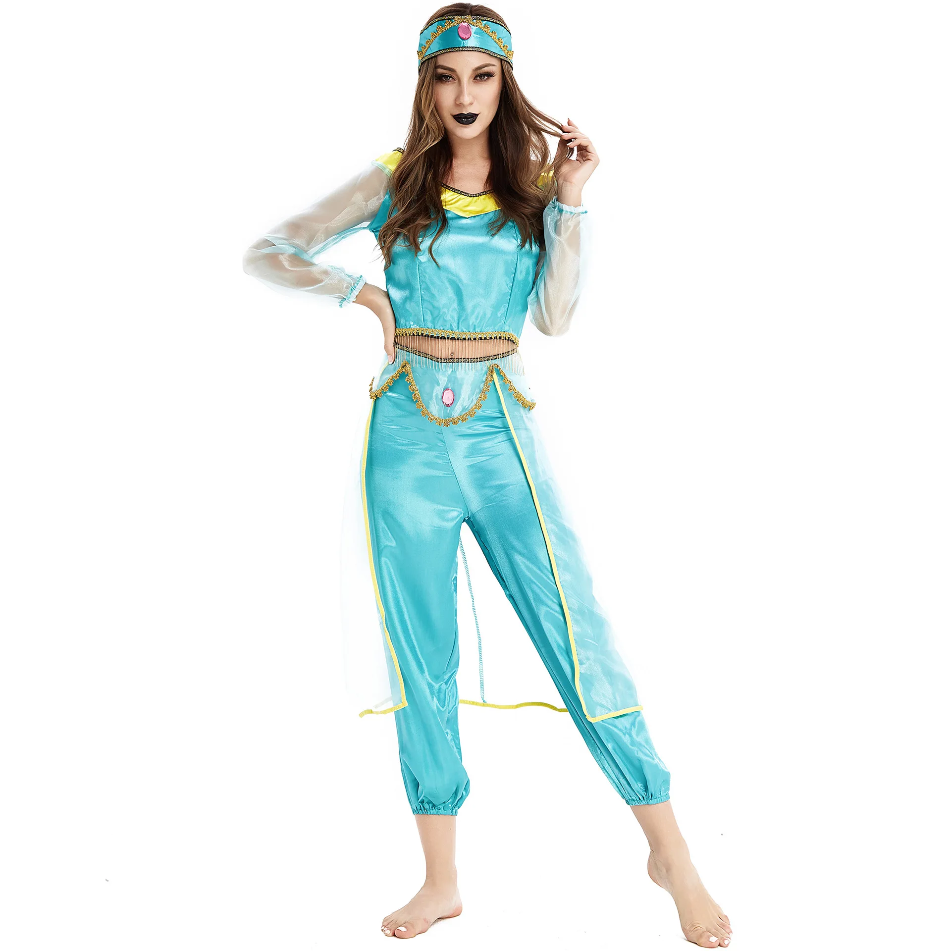 Fancy Aladdin Jasmine Cosplay Jumpsuit Girls Halloween Princess Party Dress up Clothing Set Anime Costume