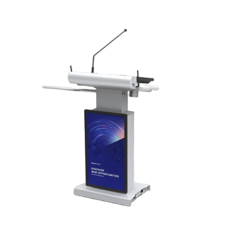 Electric Height Adjustable Podium Aluminum Body Main Screen Windows & Second Front Screen Android Interactive Speech Stand