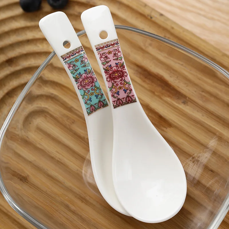 Retro Chinese Long Handle Ceramic Soup Spoon Rice Spoon for Home Hotel Restaurant Party Wedding Serving Ladles