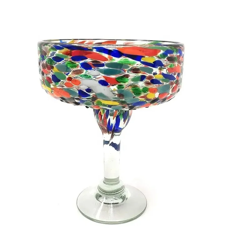 Mexican Hand Blown Recycled Shattered Colored Stemmed Durable Margarita Martini Cocktail Glass