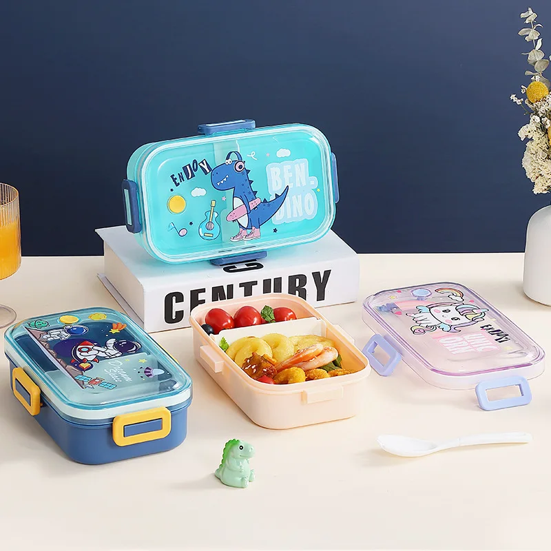 Plastic Lunch Box, Microwave-Safe Leak Proof Bento Box, 2 Compartments Cute Cartoon for Kids and Adults