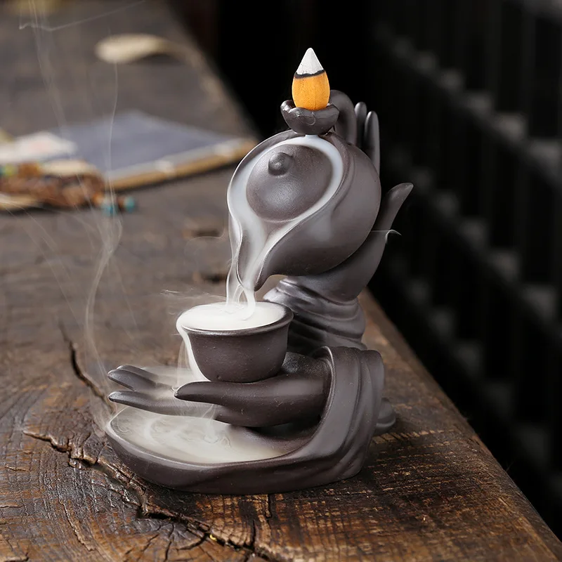 Creative Ceramic Buddha Hand Series Backflow Incense Burner Indoor Smoke Waterfall Incense Holder for teahouse, meditation