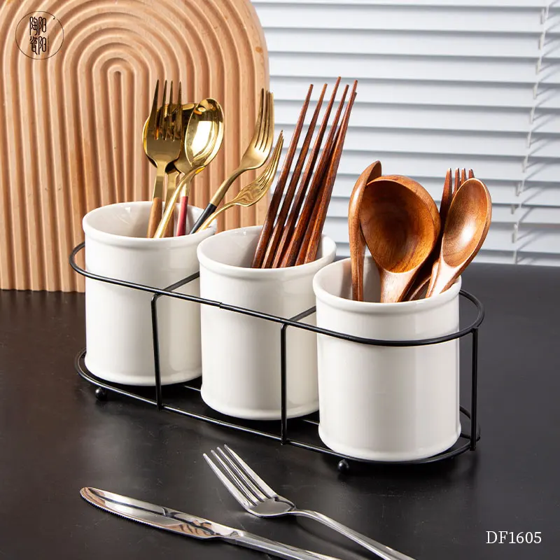 Kitchen accessories new products 2024 modern luxury ceramic utensils holder with iron rack