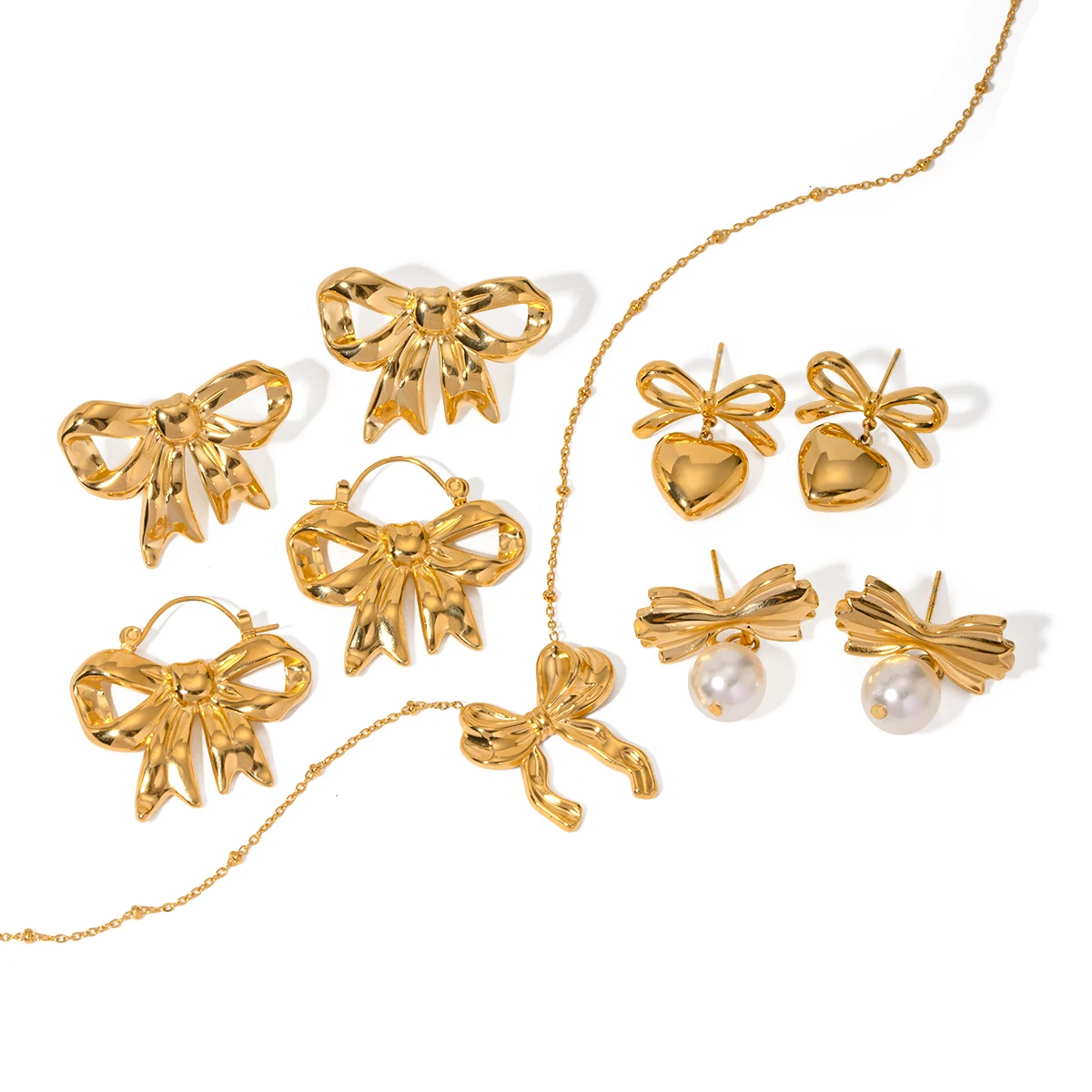 J&D New Trend Bow Design Series Rings Gold Jewelry Stainless Steel Bow Pendant Necklace Earrings Sets