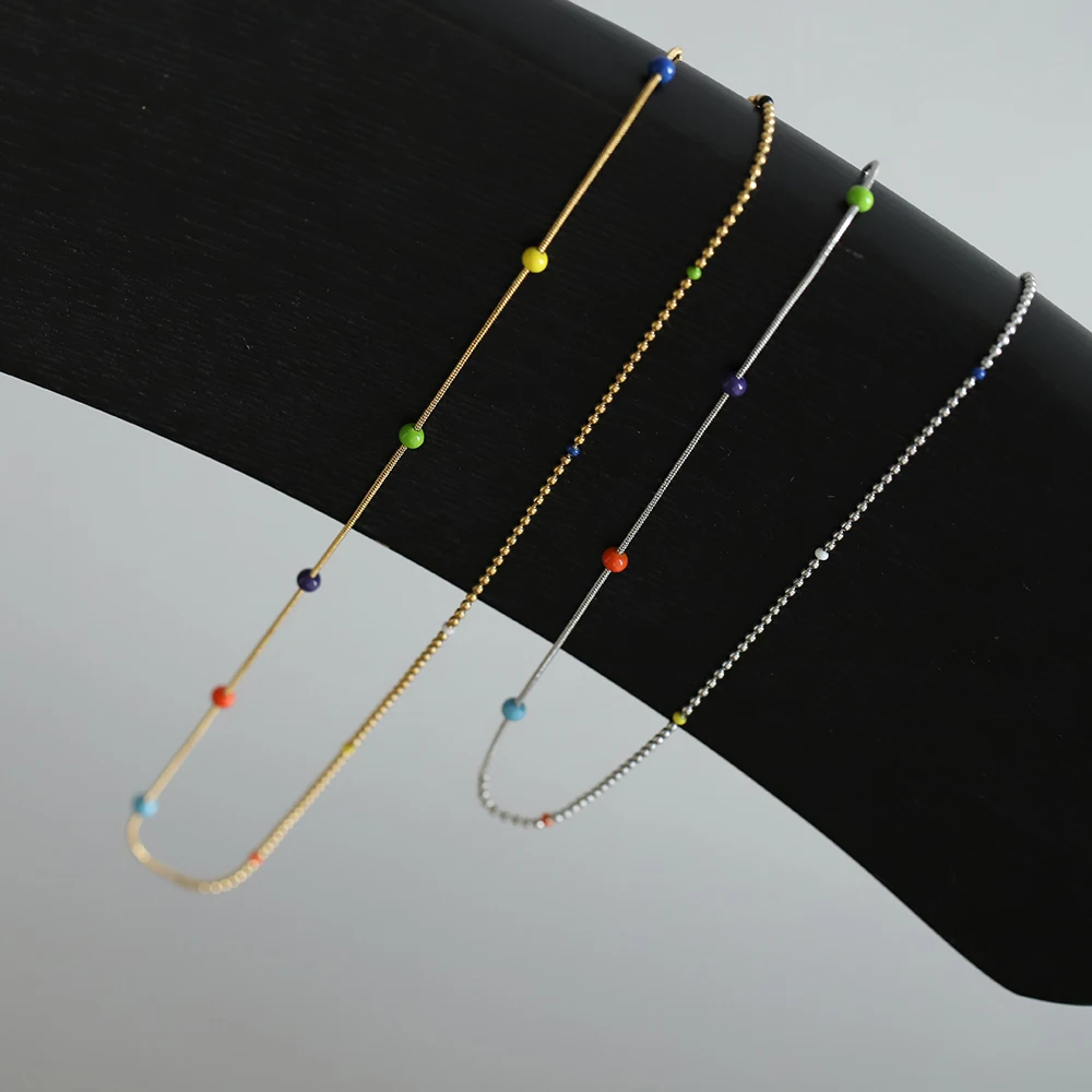 Jelly bean colorful Enamel Round bead pea chain silver necklace clavicle chain stainless steel gold and silver tarnish free