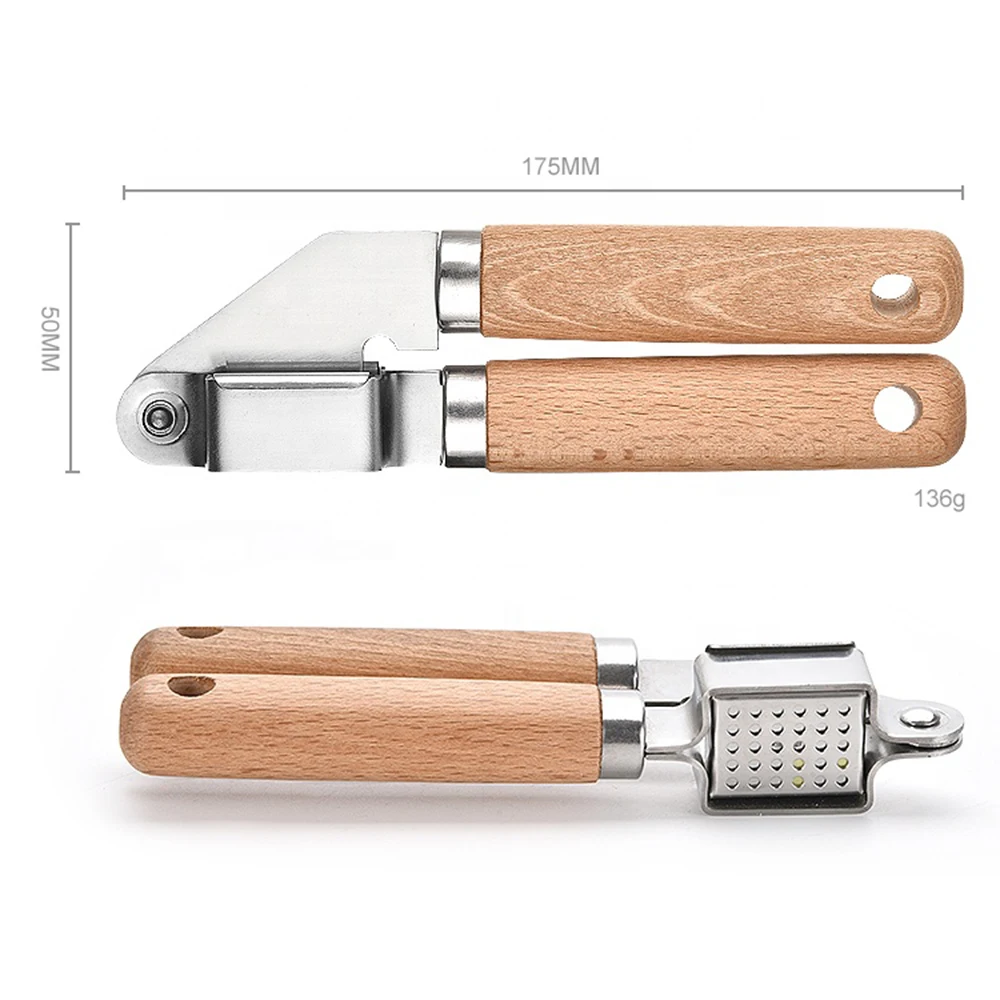 Stainless Steel Garlic Crusher with Wooden Handle Kitchen Use Metal Blade for Crushing Cheese Fruits Vegetables