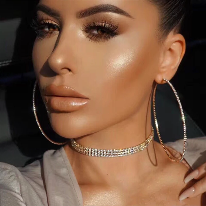 Crystal Hoop Earrings Thin Rhinestones Fashion Big Round Drop Earring Silver Plated Factory Wholesale Trendy for Women Alloy