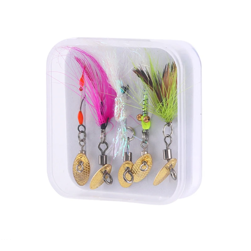 WEIHE 5pcs fly fishing bait lure kit fly fishing hook combo lifelike fly hooks with feather and metal spoon pesca