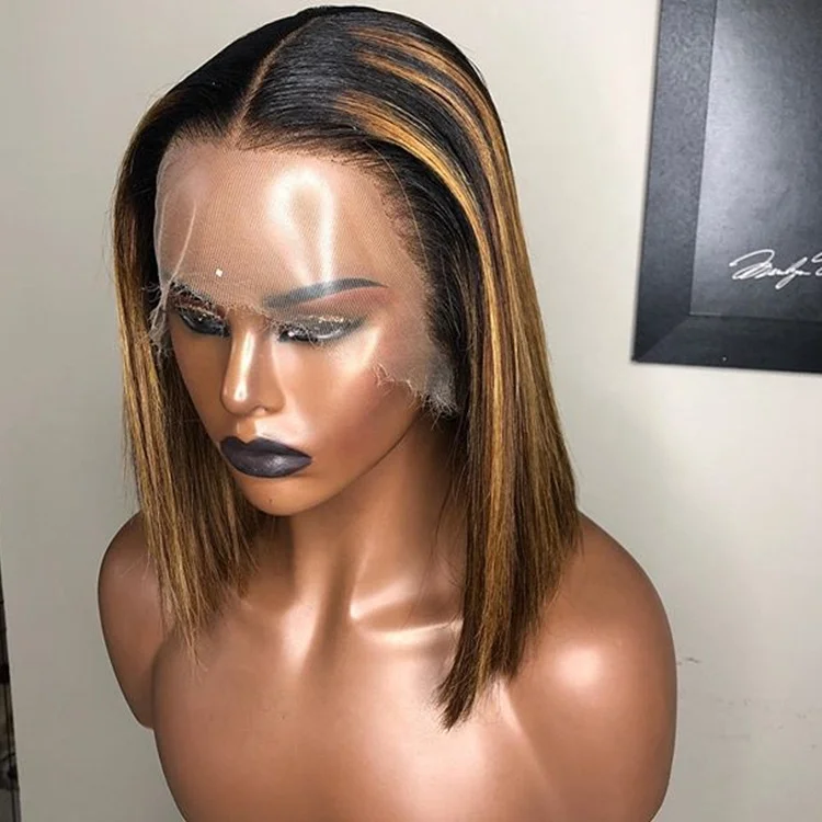 
Wholesale 130% Density 12inch Bob Ombre Brown Highlight 13*6 Lace Front Wig With Preplucked Virgin Human Hair 