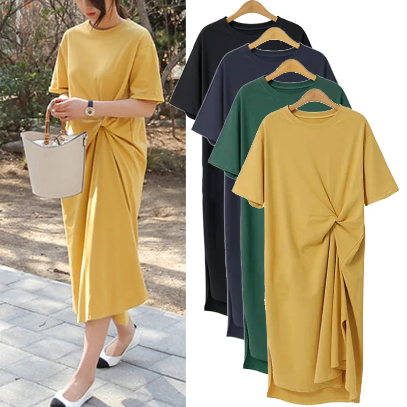 6XL Designer Twist Knot Drop Shoulder Elegant Casual Loose Midi Long Dresses Custom Logo