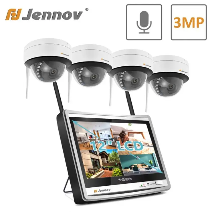 3MP home security camera system CCTV video surveillance kit 4-channel LCD display NVR kit Onvif outdoor WiFi camera