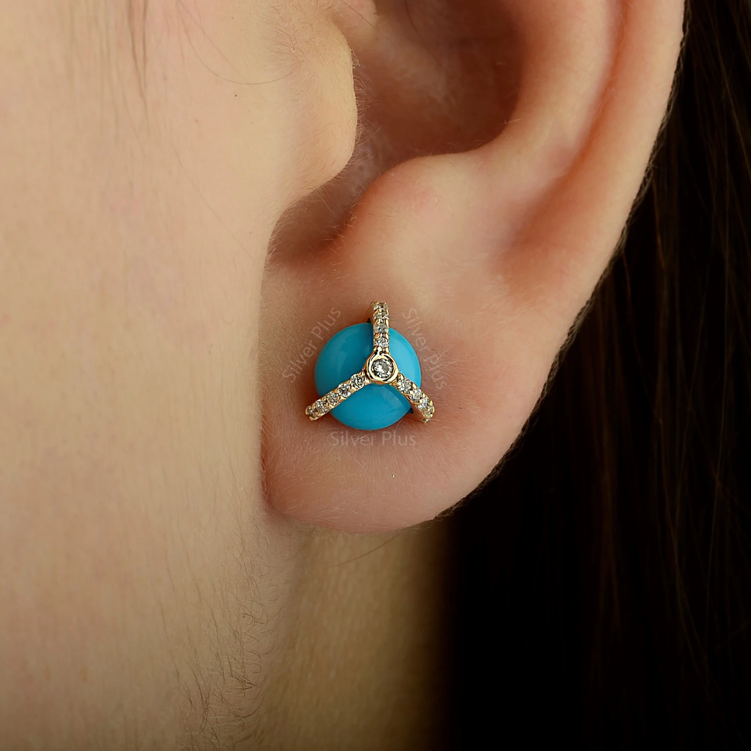 Top Most Selling Cabochon Natural Turquoise Earrings 14k Solid Yellow Gold Star Fan Pave Diamond Stud Earrings Women Jewelry