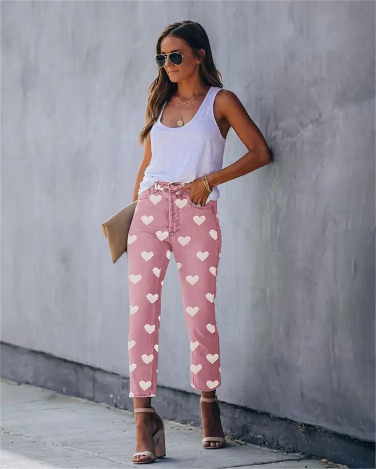 
Fondpink Best Design Trendy Cute Denim Pants Summer Casual Straight Heart Printed Pink Women Trouser Jeans Fondpink Best Design Trendy Cute Denim Pants Summer Casual Straight Heart Printed Pink Women Trouser Jeans