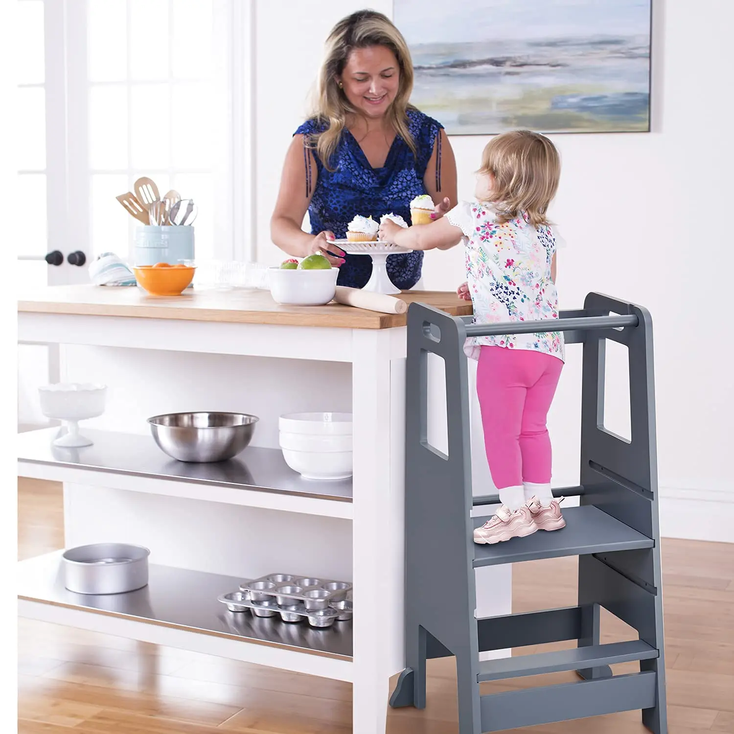4-In-1 Toddler Kitchen Stool Aide Wooden Height Adjustable Standing Tower With Safety Guardrail Child Studying Tower