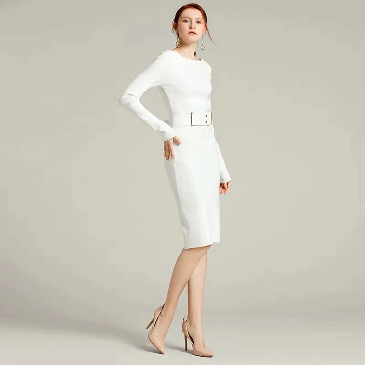 Autumn Turtle Neck Black White Knit Midi Dress Long Sleeves Work Office Lady Women Career Dresses
