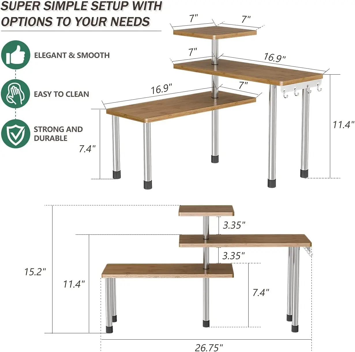 Brown Adjustable Storage Rack Bamboo 3 Tier Spice Rack Makeup Organizer Bookshelf Bathroom Counter Organizer Corner Shelf