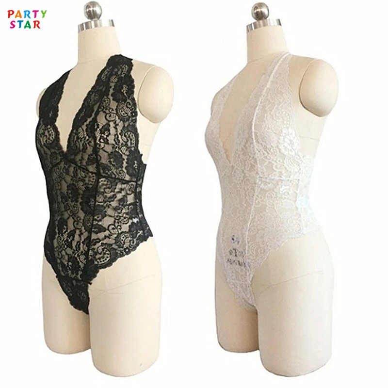 Hot Sell Black White Lace Three-point One Piece Tie Halter Neck Sexy Lingerie Women Jumpsuit