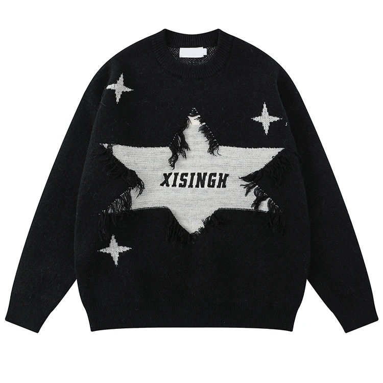 Wholesale Winter Star Cashmere Alpaca Pattern Knitted Sweaters Loose Crew Neck Pullover Casual Knit Men Sweater